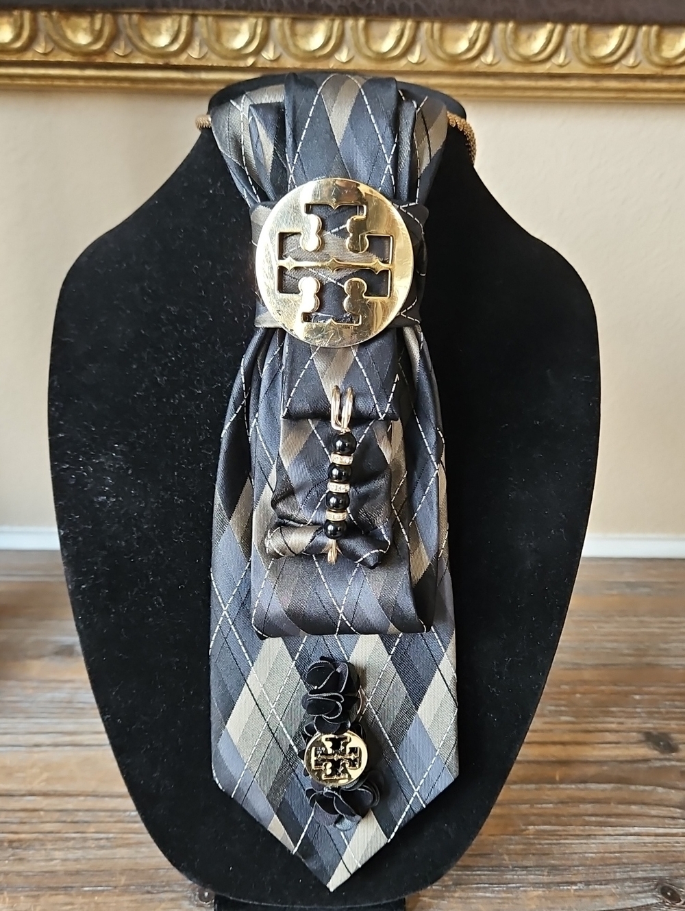 Upcycled Black & Gold Plaid Necktie Necklace with Tory Burch Logo Medallions